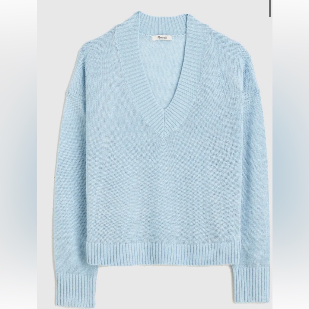 Madewell Deep V-Neck Sweater 100% Linen Knit Light Pale Blue Long Sleeve Small